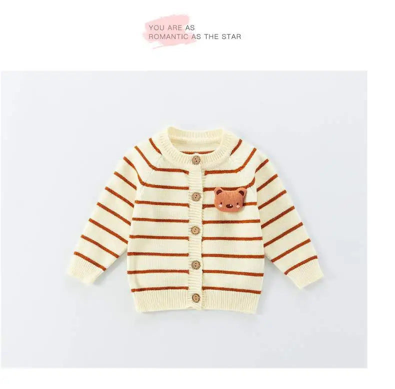 Spring Autumn 0-3 Years Baby Boys Sweater Striped 3D Bear Single Breasted Newborn Boys Knitwear Elastic Hem Infant Boys Knitwear