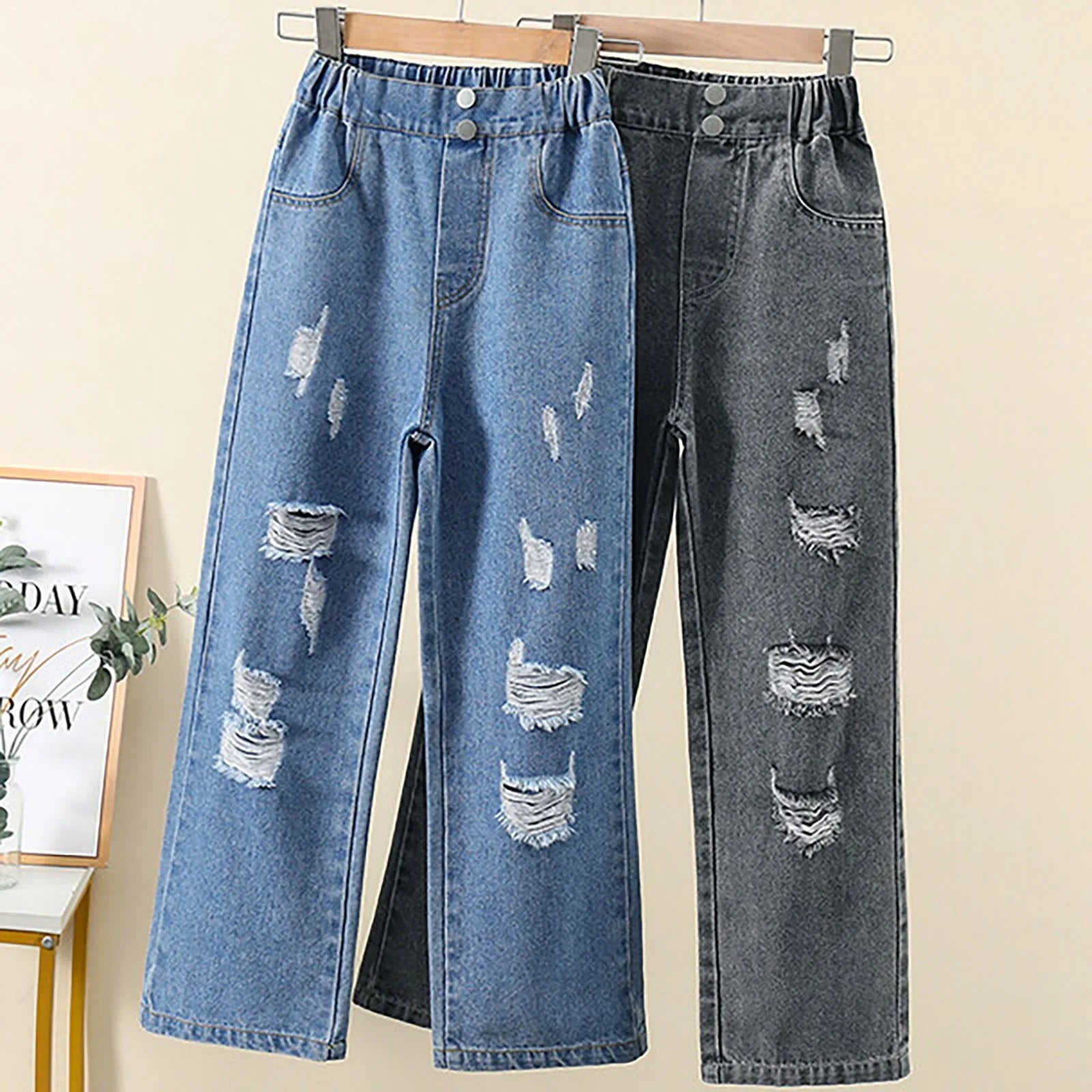 2024 Spring Autumn Girls Love Rough Edges Jean Korean Wide Leg Pants Teenagers Loose Elastic Waist Cowboy Pantalones De NiñA