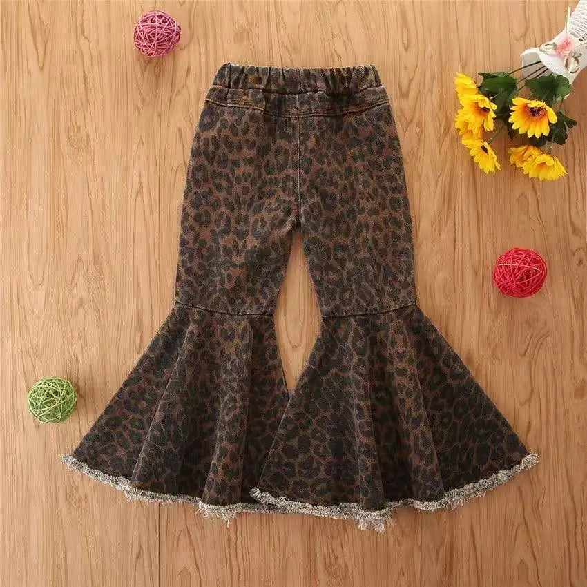 Children's Summer New Girls' Ripped Denim Flared Pants With Elastic Waistband And Leopard Print Casual Pants for Girls