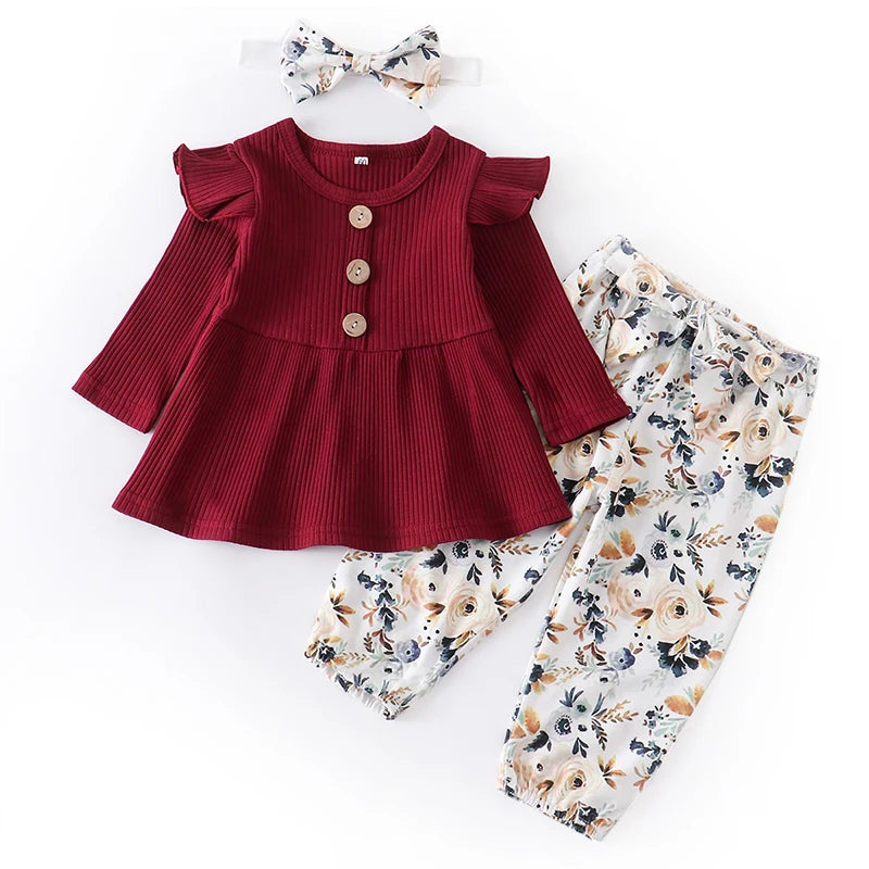 3Pcs Autumn Baby Girl Clothes Sets Infant Newborn Long Sleeve Tops Floral Print Pants Headband Solid Clothing Outfit 0 3-24M