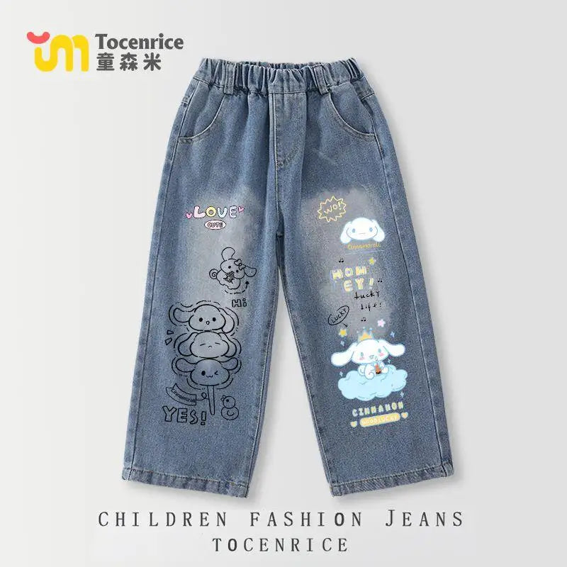 Cinnamoroll Kawaii Girl Jeans Pants Kuromi Hello Kitty Kids Anime Sanrios Cartoon Fashion Straight Elastic Waist Casual Jeans