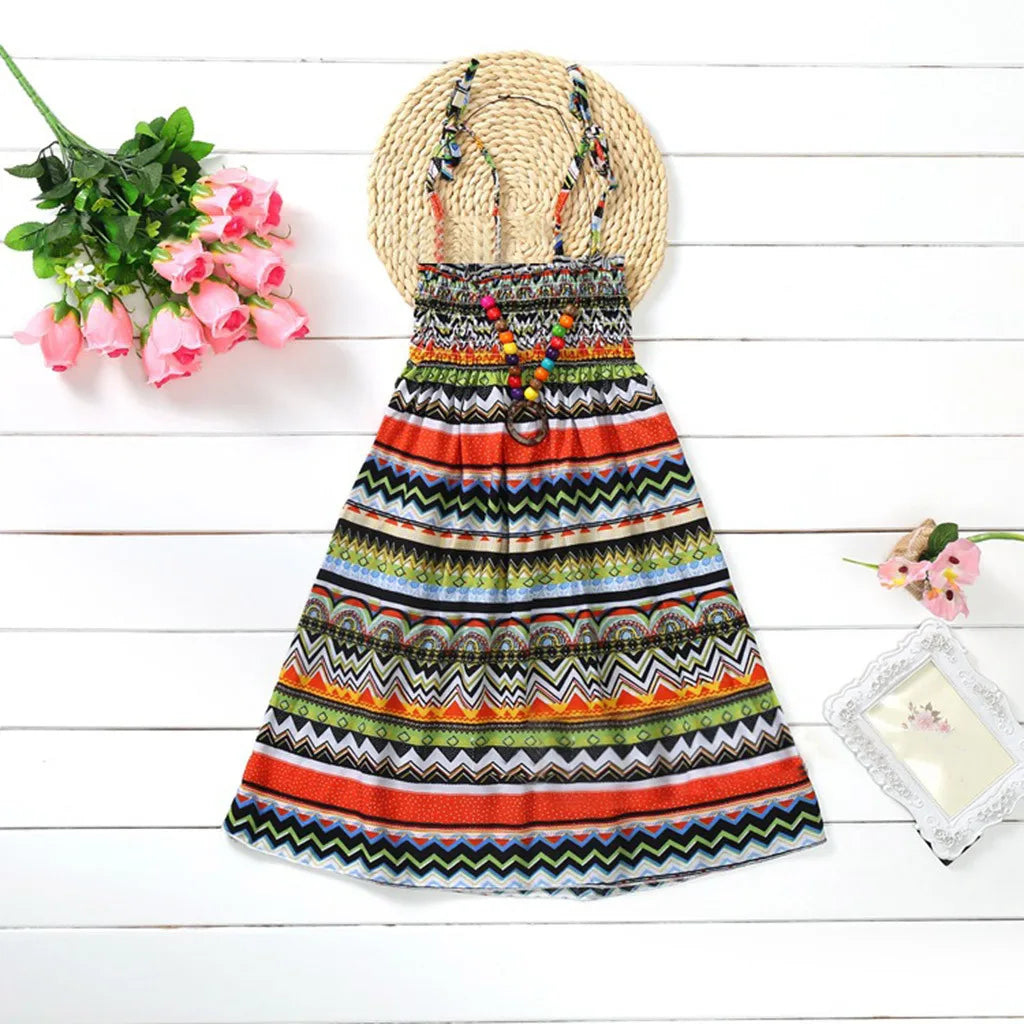 2024 Summer Dress Infant Kids Girls Baby Clothes Vestidos Floral Bohemian Beach Straps Dress  детская одежда Ropa Para NiñAs