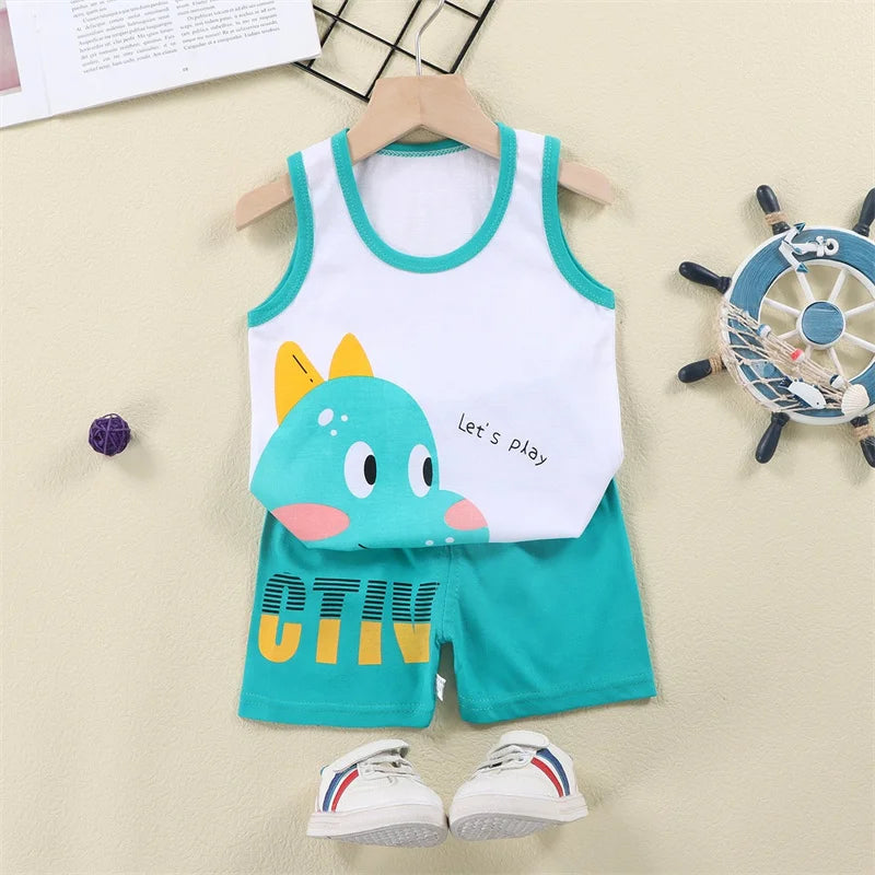 Vest+Shorts 2-Piece Clothing Set Cartoon Lion Pajamas Summer Kids Baby Boys Girls Cotton Casual Tracksuit Clothes Suit 1-6 Years