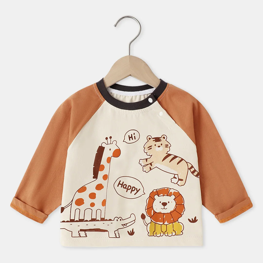 2025 Spring Autumn Children Boy Long Sleeves Cotton Animal Print Baby Boy Tees Loose Round Collar Spliced Raglan Kid Boy T-shirt