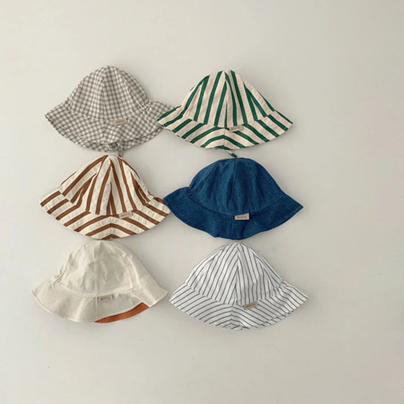 Double Sided Baby Bucket Hat Solid Color Striped Plaid Fisherman Cap for Infant Panama Bonnet Summer Kids Sun Visor Hats