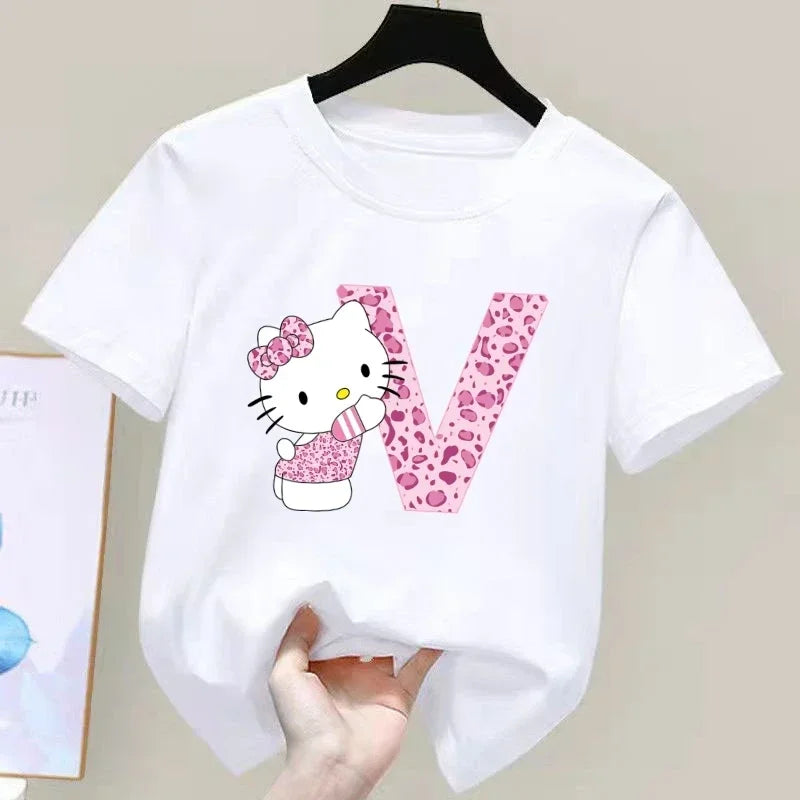 Hello Kitty Letter A-Z Children's Cotton Short-sleeved Top Sanrio Summer T-shirt Girly Heart Soft Clothes Kawaii Birthday Gift