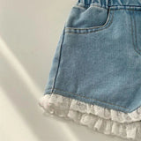 Girls' Jeans 2024 New Fashion Korean Edition Denim Shorts Children's Lace Lace Casual Pants Solid Color Loose Pants