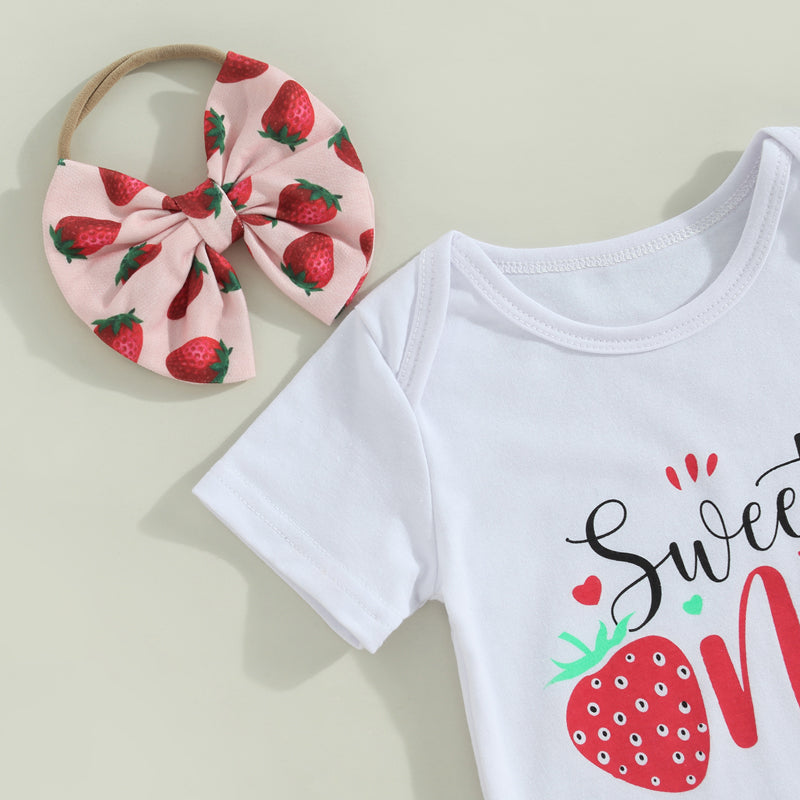 3Pcs Baby Girls Clothes Summer Suit Letter Print Short Sleeve Crew Neck Rompers Strawberry Print Flare Pants Headband Set