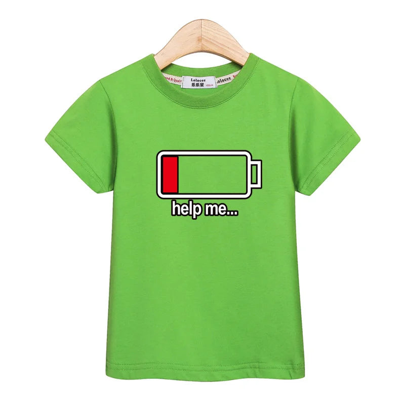 3-13T Children Casual T-shirt Battery Graphic Top Boys Summer Short Sleeved Shirt O-neck Cotton Clothes