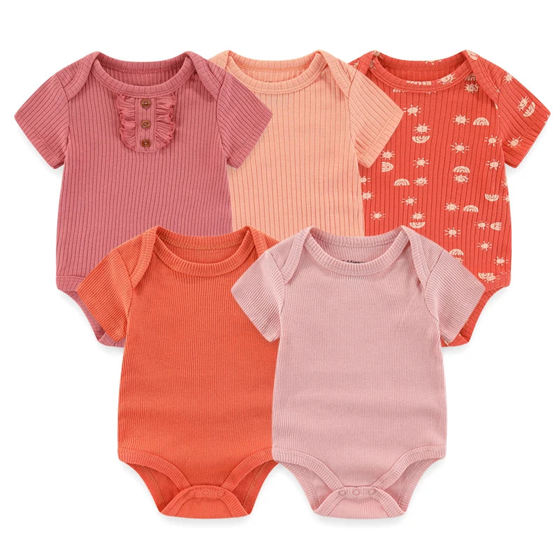 Unisex 5Pieces Newborn Bodysuits Cotton Baby Girl Clothes Set Summer Print Baby Boy Clothes Cartoon Sleeveless Solid Color Bebes