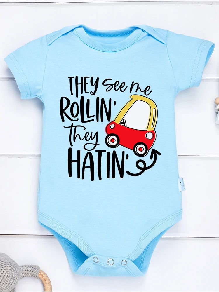 They See Me Rollin They Hatin Cute Baby Onesie Boy Girl Clothes Street Casual Cartoon Kawaii Harajuku Toddler Romper Cotton