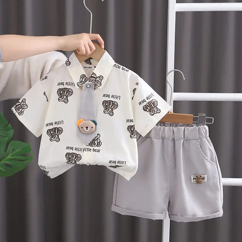 Children Clothes Spring Cartoon Kids Boy Short Sleeve Full Printe Bear Shirts Pants 2Pcs/Set Tie Kid Fashion Toddler Tracksuits