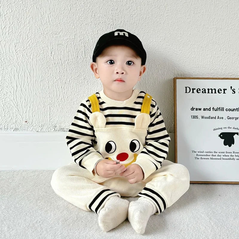 Spring Autumn New Newborn Boys Romper Fake Two Pieces Cartoon Eyes Print Infant Boys Bodysuit Patched Striped Baby Boys Jumpsuit