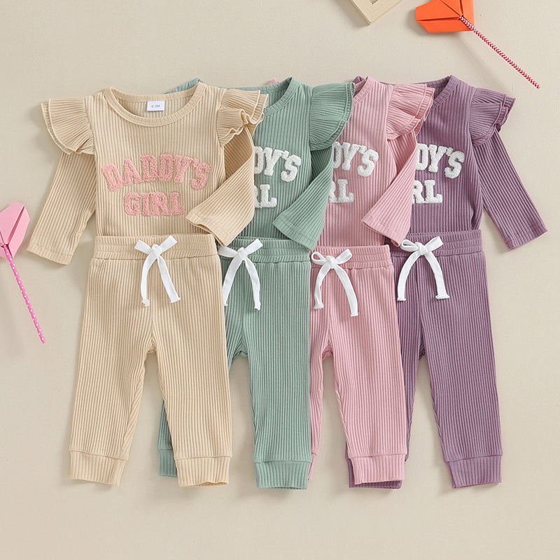 Mubineo 0 to18 Months Baby Girl Clothes Ribbed Romper Ruffle Long Sleeve Pants for Newborn Pink Outfits Baby Clothing Spring Set