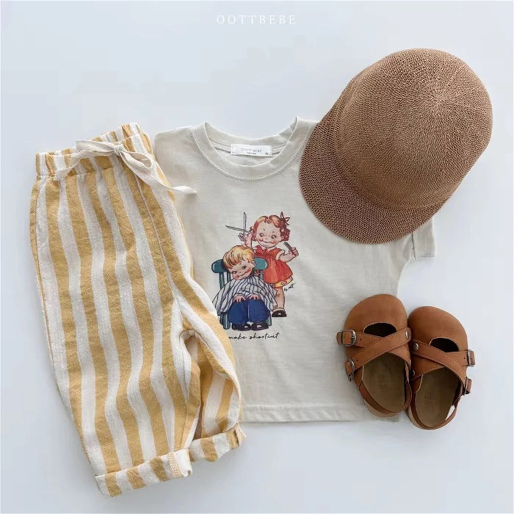 Vintage Linen Cotton Stripe Pants for Boys Casual Pocket Design Elastics Waist Pants for Toddler Girl Clothing Children Trousers