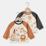 2025 Spring Autumn Children Boy Long Sleeves Cotton Animal Print Baby Boy Tees Loose Round Collar Spliced Raglan Kid Boy T-shirt