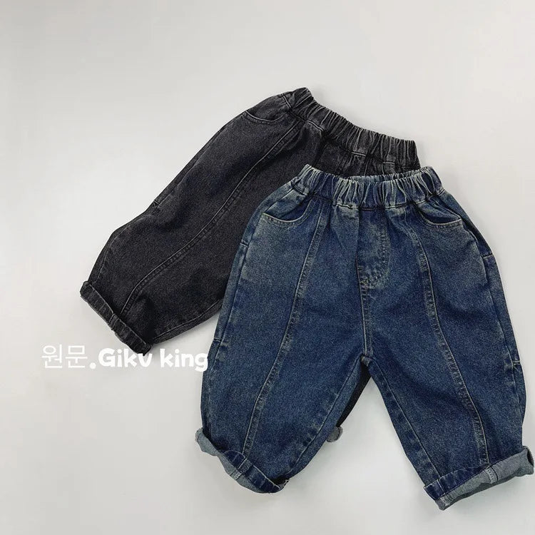 2025 Spring New Children Vintage Denim Trousers Toddler Boys Girls Loose Straight Leg Pants Kids Fashion Casual Versatile Jeans