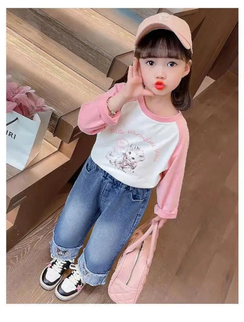 Cartoon Kuromi Girls Wide Leg Jeans Spring  Autumn Cute Elastic waist Versatile Straight Tube kids Childrens Wear Spring Pants