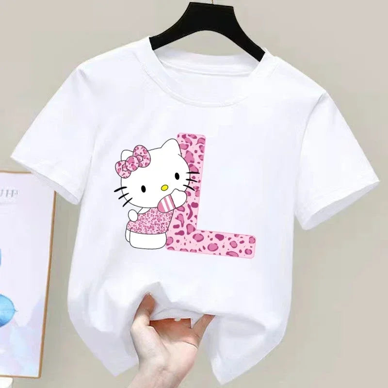 Hello Kitty Letter A-Z Children's Cotton Short-sleeved Top Sanrio Summer T-shirt Girly Heart Soft Clothes Kawaii Birthday Gift