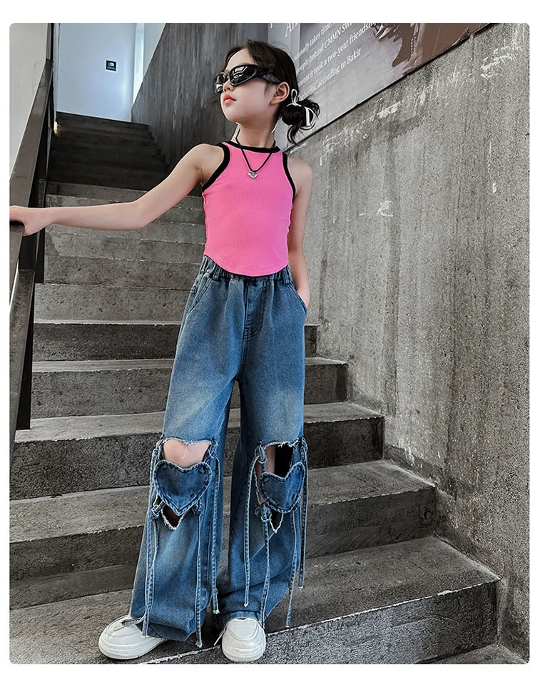 Girls Ripped Jeans Summer New Children's Loose Wide-leg Pants Kids Clothes Teenager Girl Fashion Heart Hollow Out Denim Trousers