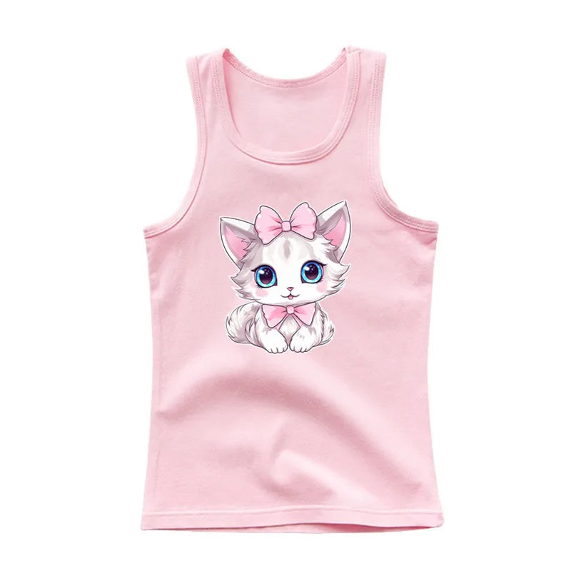 2024 Summer Girls Cute Cat Print  Vest Princess Girl Fashion Tank Top Kids Sleeveless T-shirt 3-14y