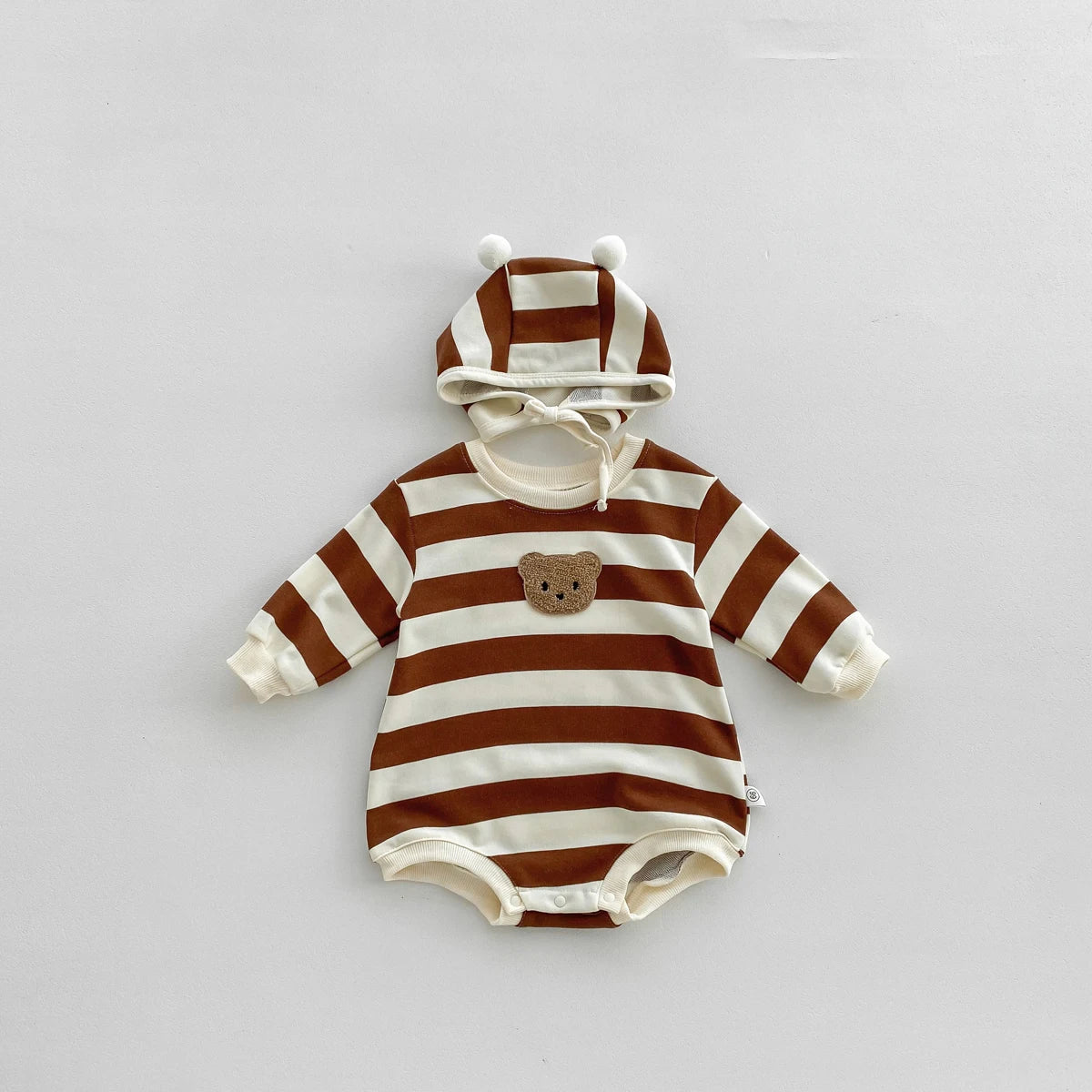 FLM Baby Romper Long Sleeved Bear Pattern + Hat Stripe Toddler Boy  Jumpsuit Baby Clothes 0-24M