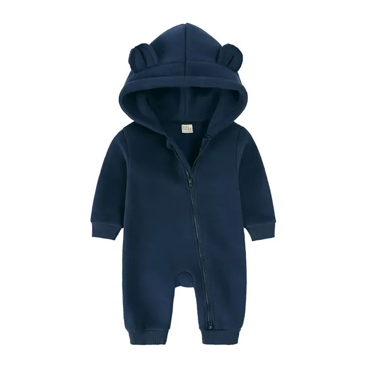 Winter Warm Baby Boy Romper Long Sleeve Hooded Zipper Baby Clothes Girl Romper Fashion Solid Newborn Clothing 3-24 Months