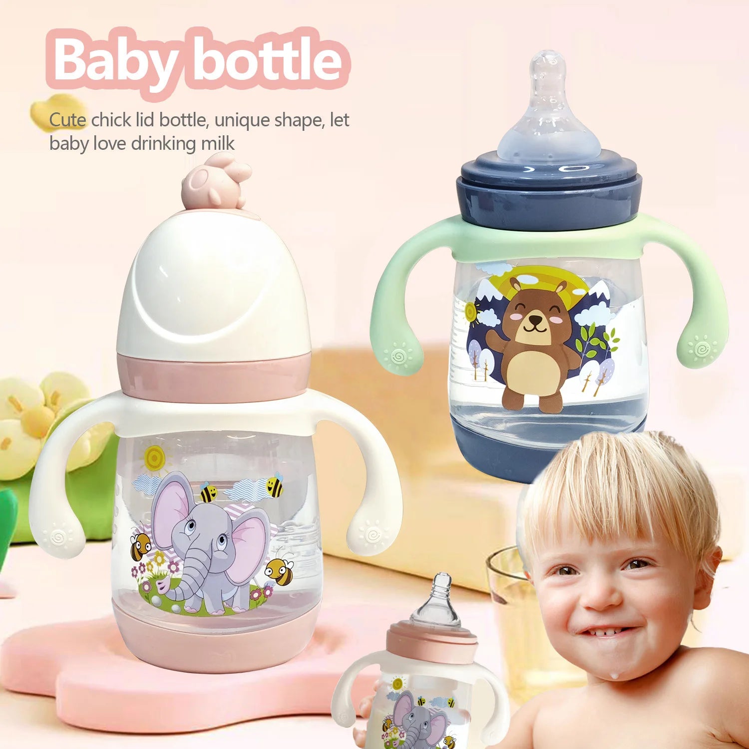 240ml newborn cartoon bottle, BPA-free, cartoon shape baby PP bottle, drop-proof and leak-proof baby feeding bottle