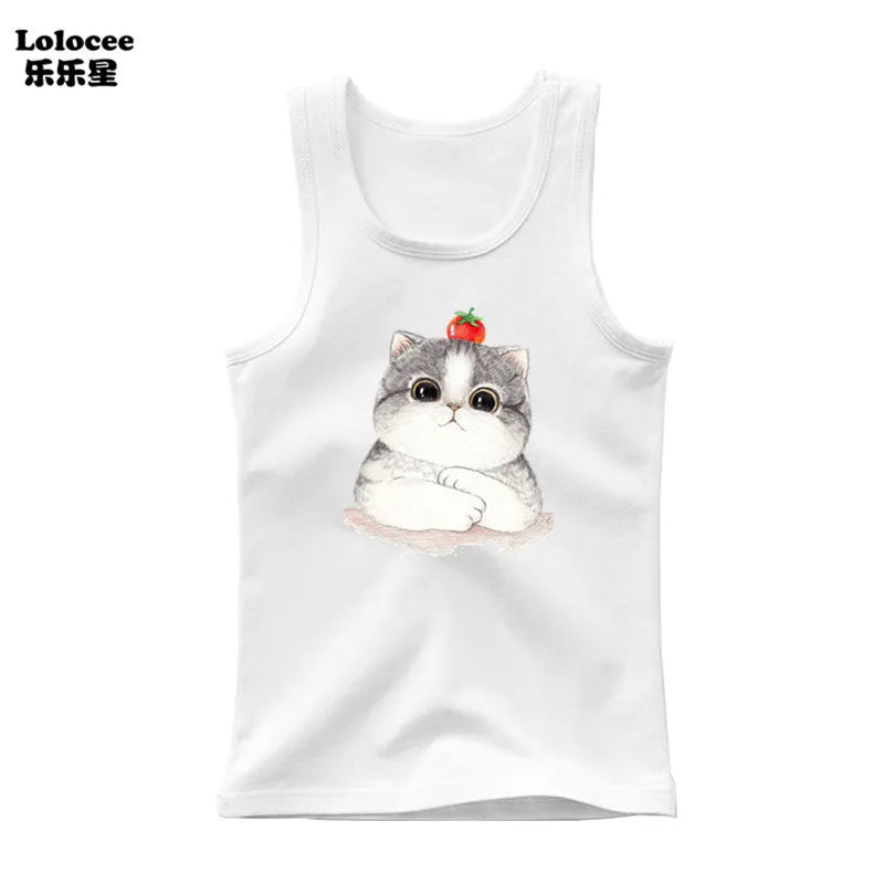 2024 Summer Girls Cute Cat Print  Vest Princess Girl Fashion Tank Top Kids Sleeveless T-shirt 3-14y