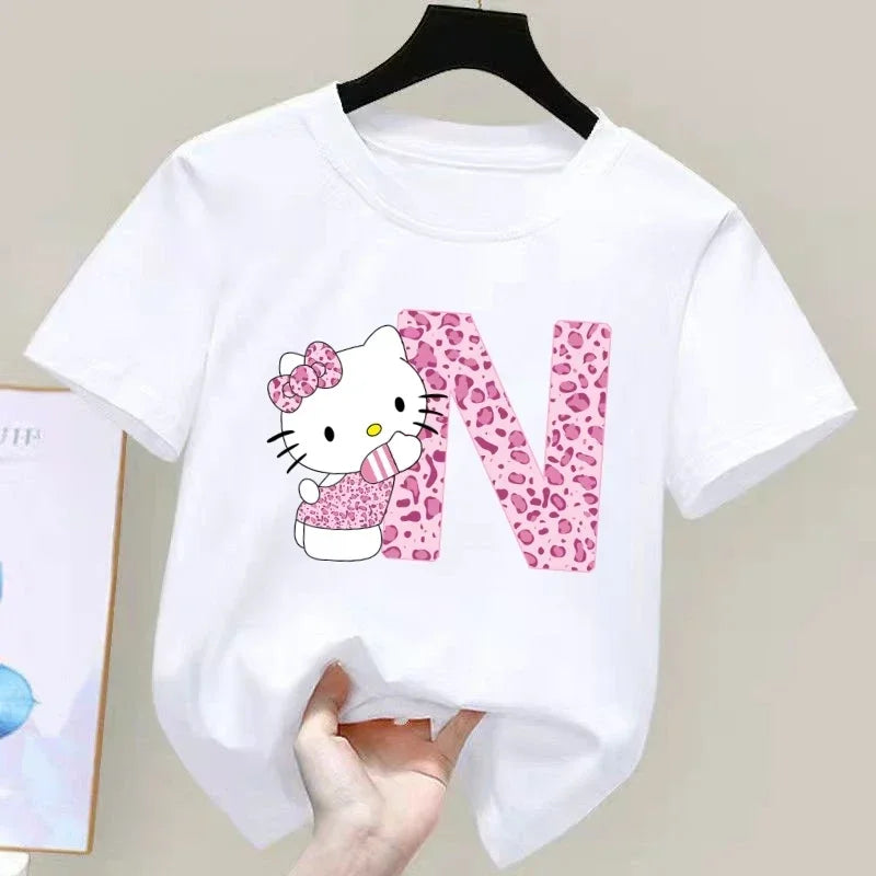 Hello Kitty Letter A-Z Children's Cotton Short-sleeved Top Sanrio Summer T-shirt Girly Heart Soft Clothes Kawaii Birthday Gift