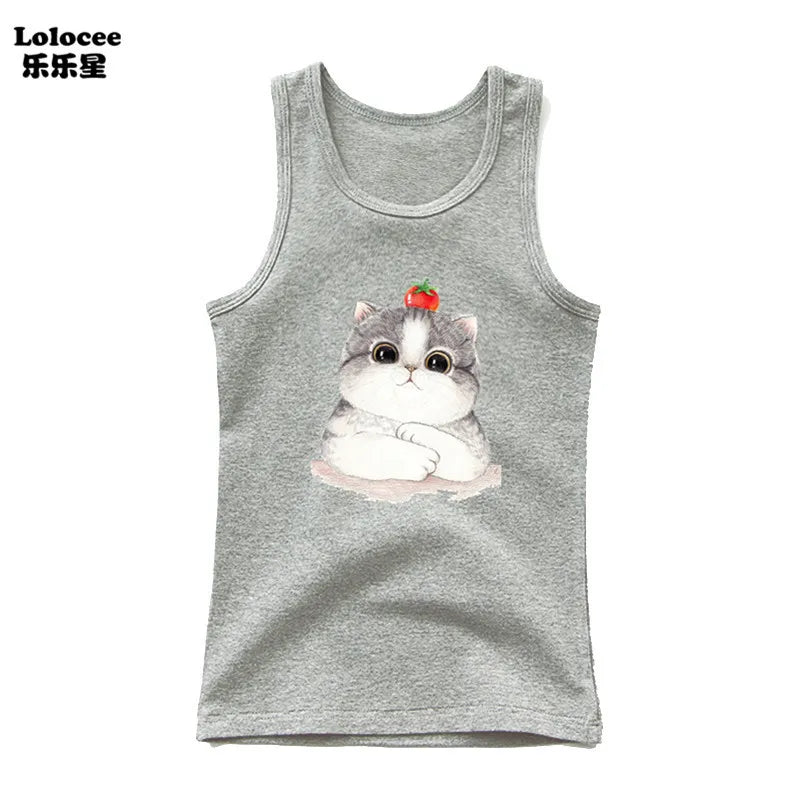 2024 Summer Girls Cute Cat Print  Vest Princess Girl Fashion Tank Top Kids Sleeveless T-shirt 3-14y