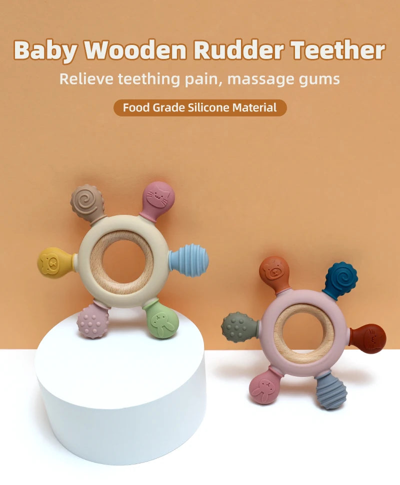 Color Kids Silicone Baby Toys Rudder Shape Wooden Ring Teether Toys Infant Chewing Nursing Toy Newborn Molar Baby Accessories