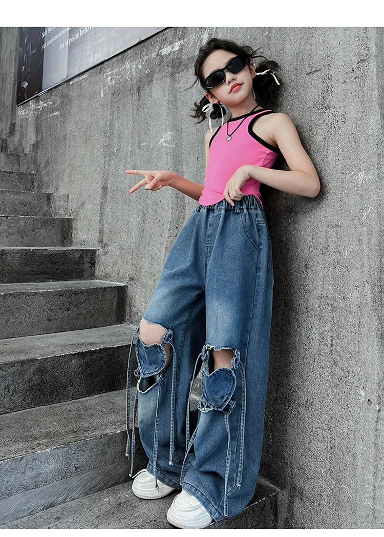 Girls Ripped Jeans Summer New Children's Loose Wide-leg Pants Kids Clothes Teenager Girl Fashion Heart Hollow Out Denim Trousers