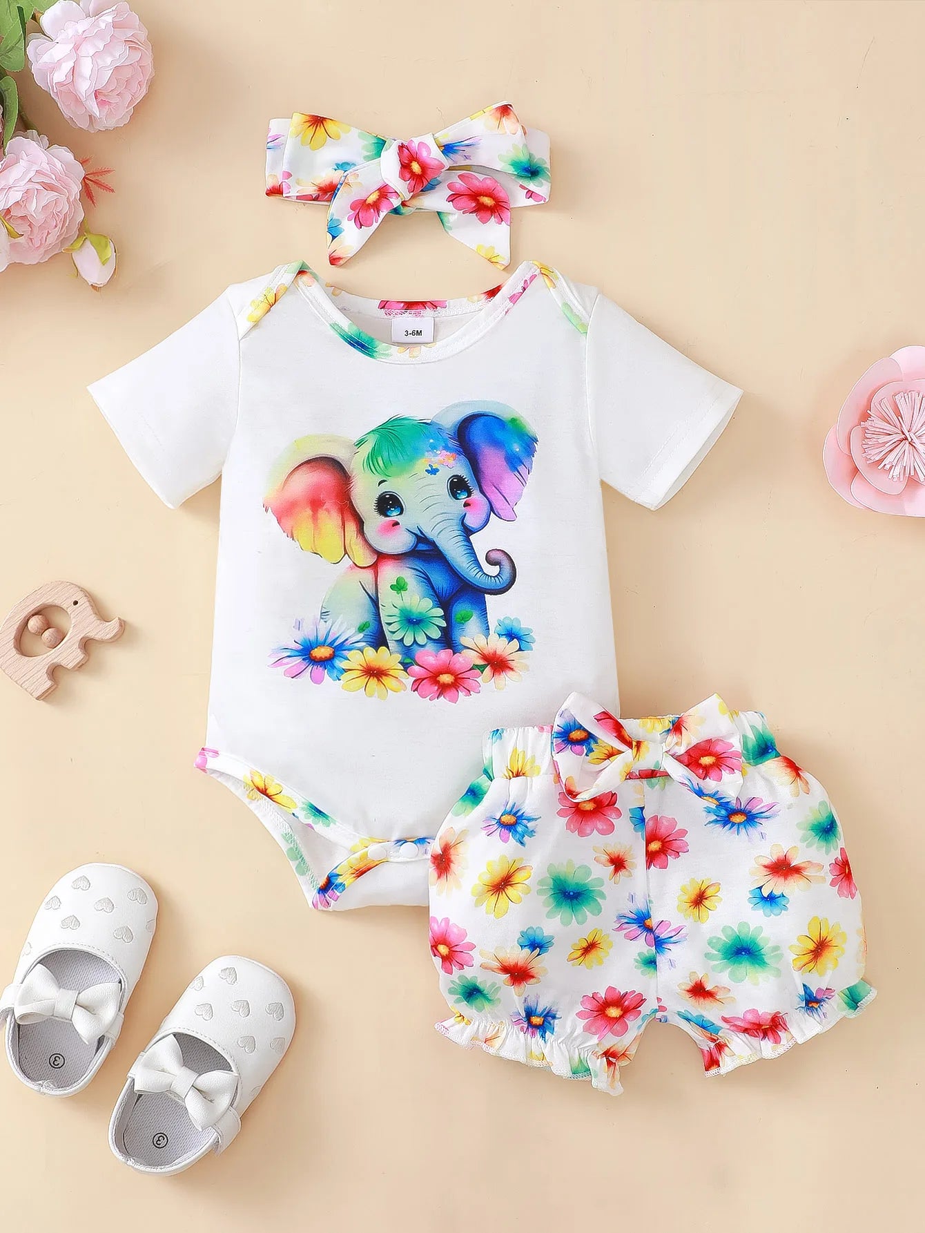 3PCS Newborn Baby Girl Clothing Set Short Sleeved Elephant Bodysuit+Flower Shorts Summer Casual Outfits for 0-24 Months Toddler