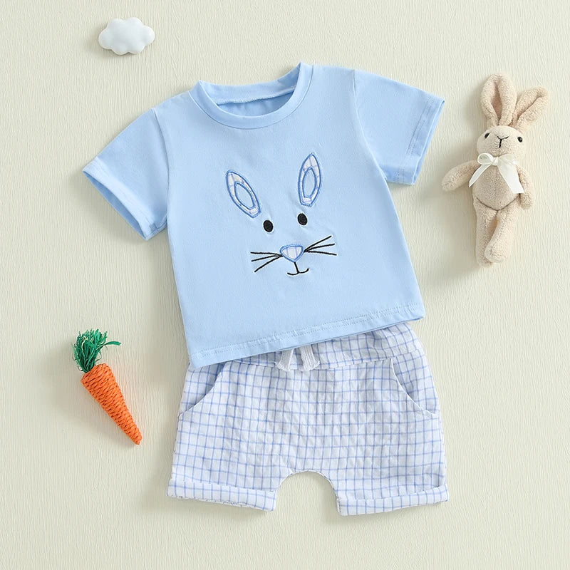 Citgeett Summer Easter Toddler Baby Boys Outfits Bunny Embroidery Short Sleeves T-Shirt Elastic Plaid Shorts Set Clothes