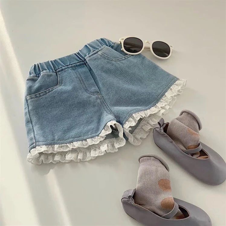 Girls' Jeans 2024 New Fashion Korean Edition Denim Shorts Children's Lace Lace Casual Pants Solid Color Loose Pants