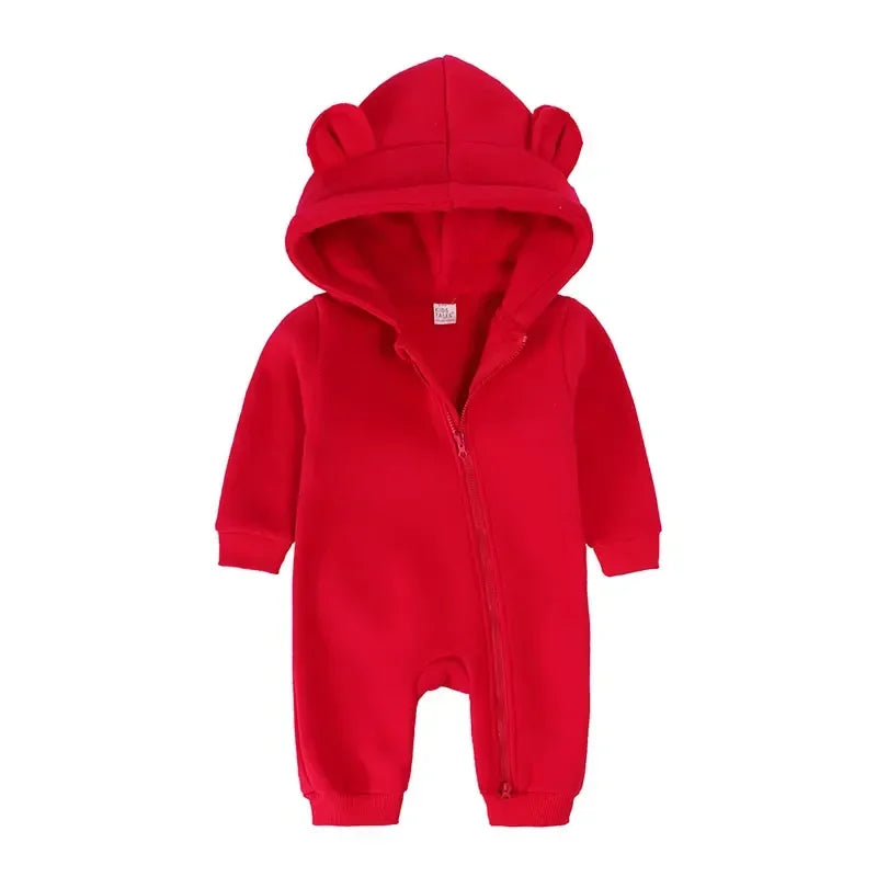 Winter Warm Baby Boy Romper Long Sleeve Hooded Zipper Baby Clothes Girl Romper Fashion Solid Newborn Clothing 3-24 Months