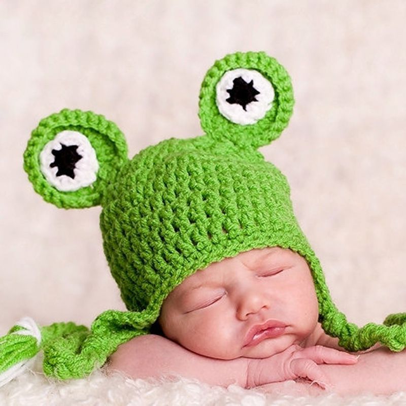 Newborn Baby Hat Frog Pretend Hand Knitted Caps with Long Braid for Infant 0-3 Months