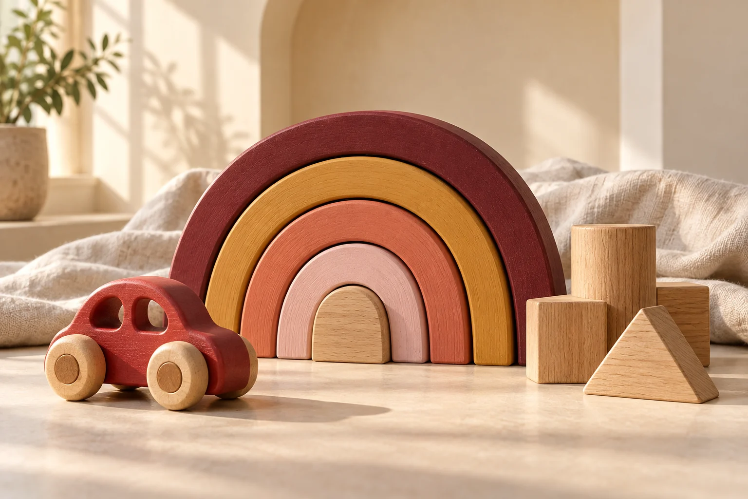 Wooden rainbow stacker, little red car, and building blocks in a sunlit play space