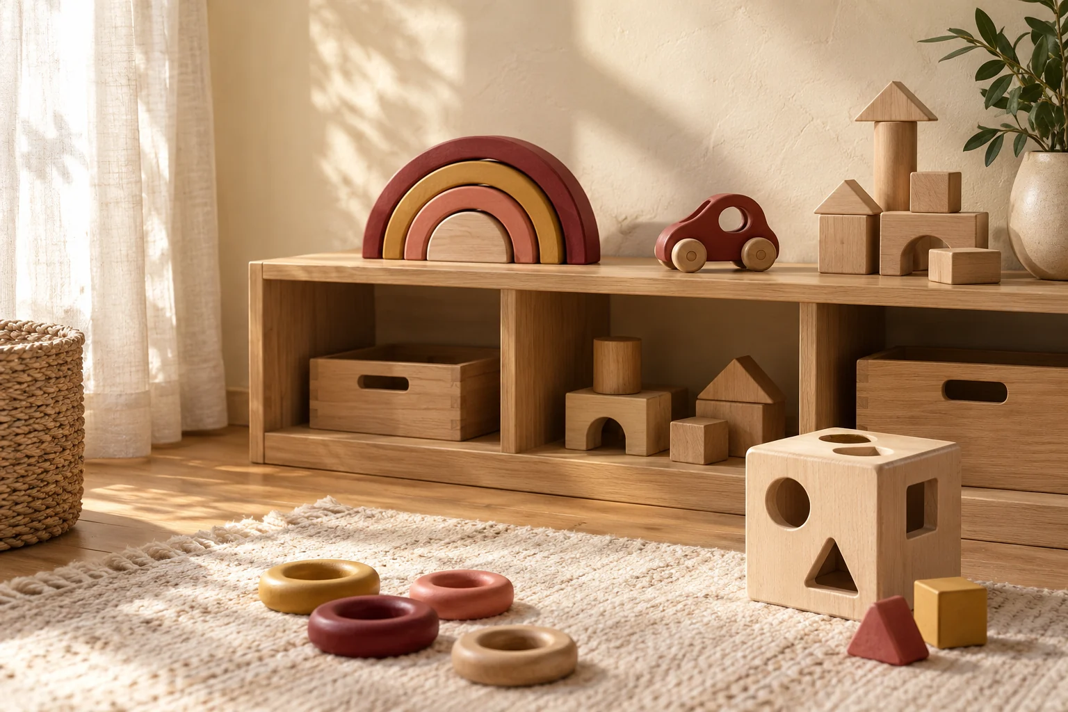 Warm sunlight falling on a wooden toy shelf